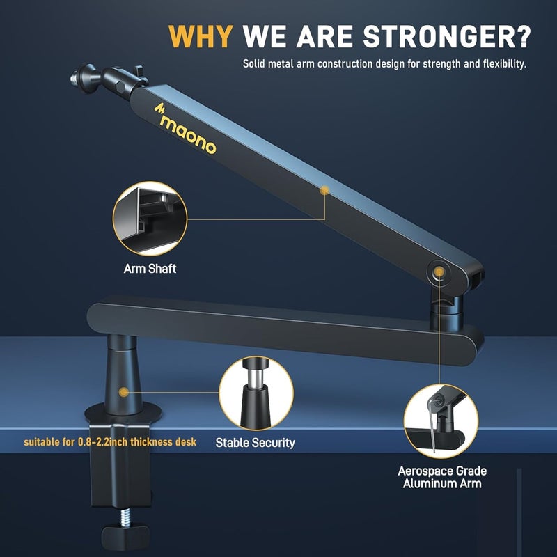 Maono Microphone Boom Arm, Low Profile Mic Arm with Cable Management Channels, Desk Mount Clamp, Fully Adjustable, Heavy Duty Mic Stand for Podcast Studio Streaming (BA92 Black) - Image 2